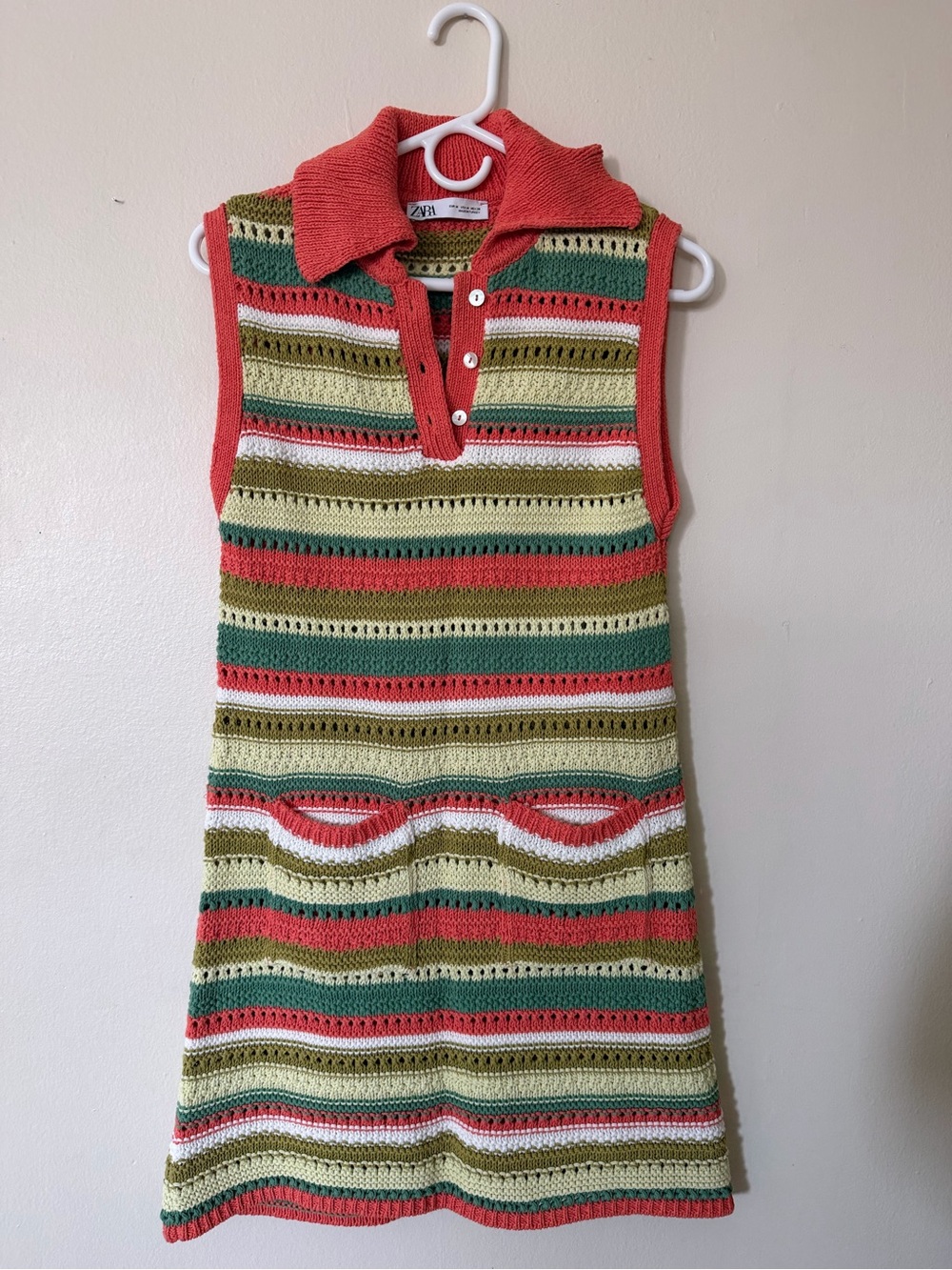 Zara Multicolor Crochet Polo Tank Dress - Coral, Green & Cream